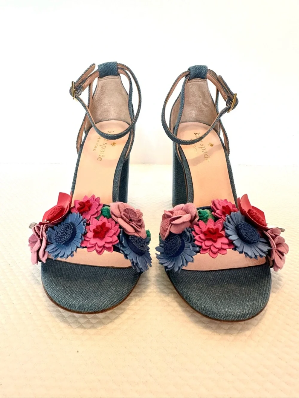 Kate Spade NY RARE Blue Denim Block Heel Sandals with Floral Appliqué Festive - Picture 2 of 10